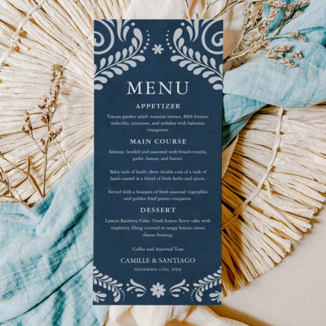 Blue Talavera Mexican Wedding Menu Card (Blue Papel Picado Wedding Menu Card)