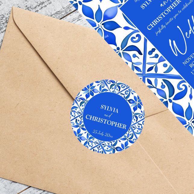 Blue Talavera Spanish tiles all in one wedding Classic Round Sticker (Blue Azulejo Talavera Spanish blue tiles wedding Classic Stickers template bride and groom names)