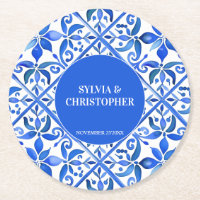 Blue Talavera Spanish tiles monogram wedding favou