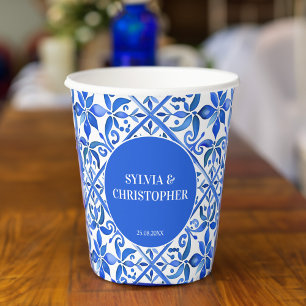 Blue Talavera Spanish tiles monogram wedding Paper Cups