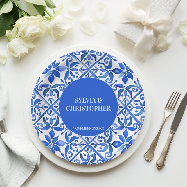 Blue Talavera Spanish tiles monogram wedding Paper Plate (Blue Talavera Spanish tiles vintage Mexican wedding monogram personalized printed Paper Plates)