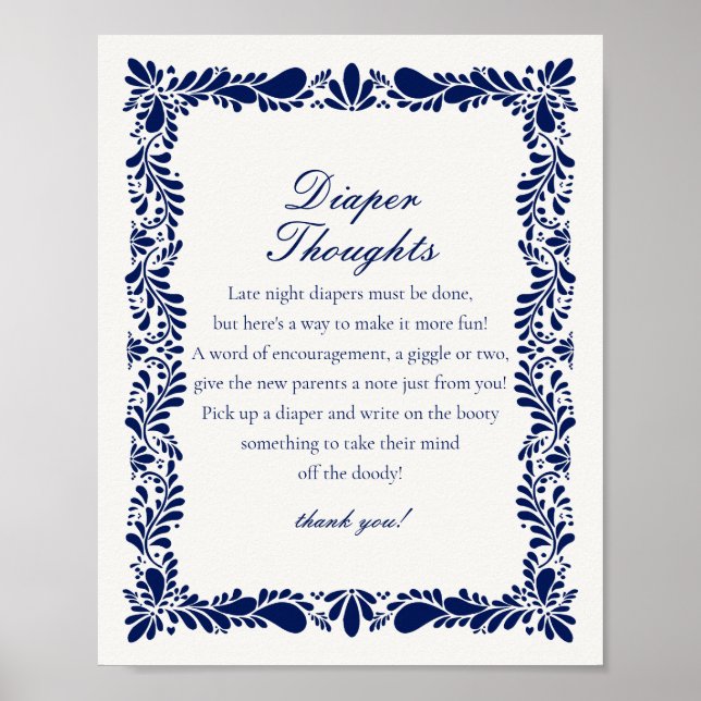 Blue Talavera Tile Diaper Thoughts Baby Shower Poster (Front)