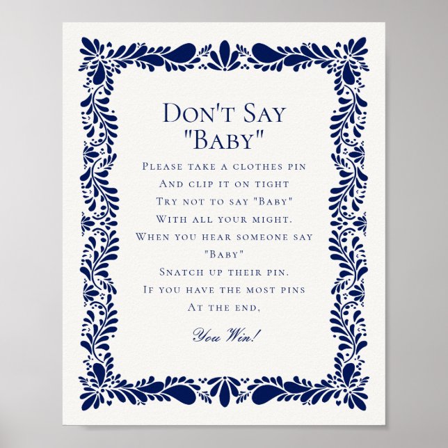Blue Talavera Tile Dont Say Baby Shower Game Poster (Front)