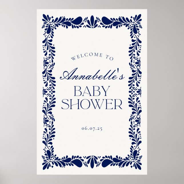 Blue Talavera Tile Fiesta Baby Shower Welcome Poster (Front)