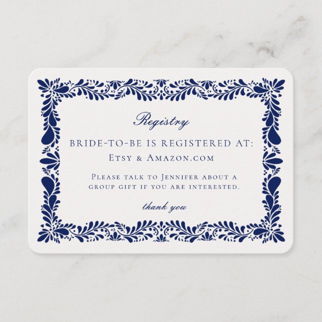 Blue Talavera Tile Registry Card Invitation Insert (Front)