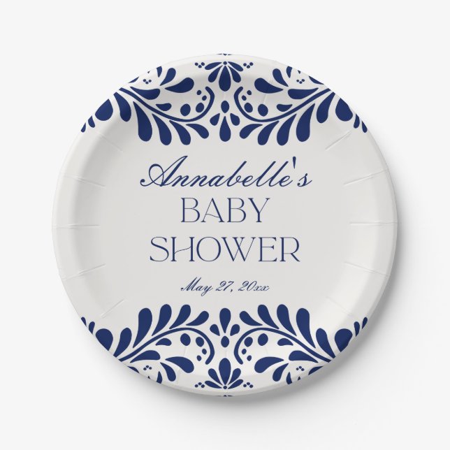 Blue Talavera Tile Spanish Fiesta Baby Shower Paper Plate (Front)