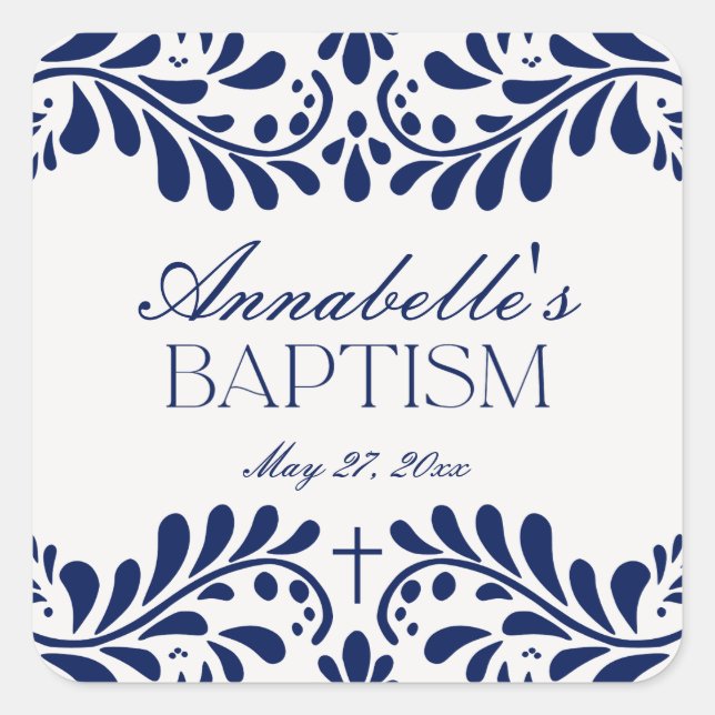 Blue Talavera Tile Spanish Fiesta Baptism Favour Square Sticker (Front)