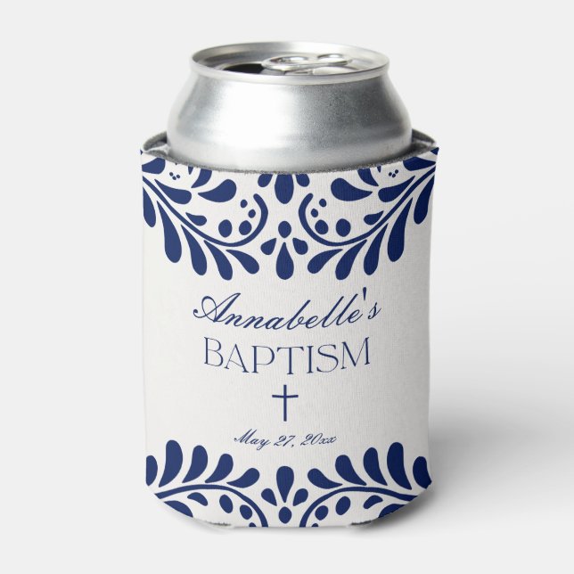 Blue Talavera Tile Spanish Fiesta Baptism Favours Can Cooler (Can Front)