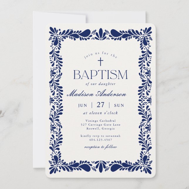 Blue Talavera Tile Spanish Fiesta Baptism Invitation (Front)