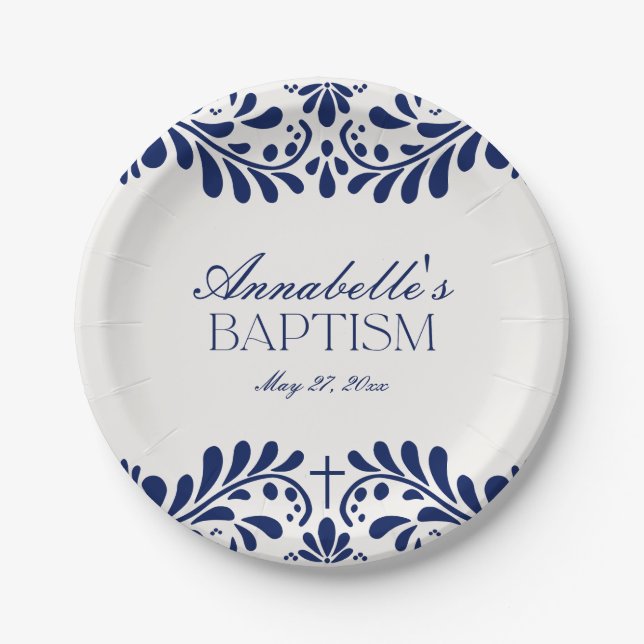 Blue Talavera Tile Spanish Fiesta Baptism Paper Plate (Front)