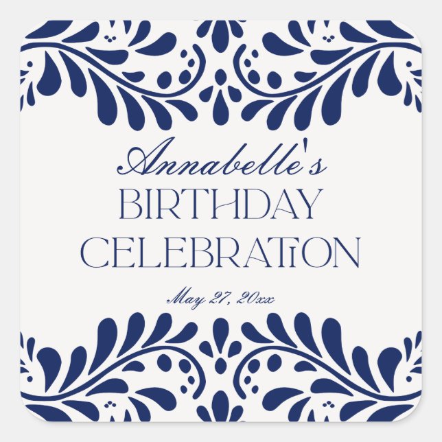Blue Talavera Tile Spanish Fiesta Birthday Favour Square Sticker (Front)