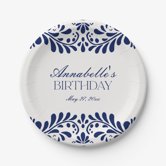 Blue Talavera Tile Spanish Fiesta Birthday Paper Plate (Front)