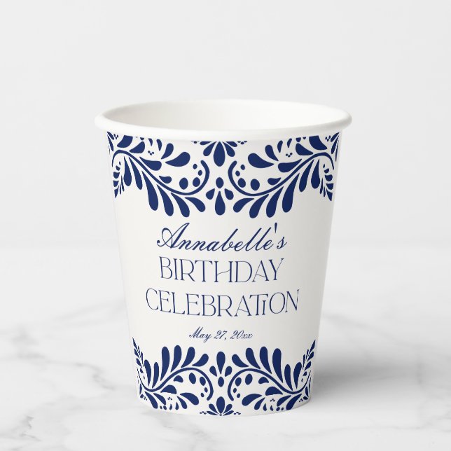 Blue Talavera Tile Spanish Fiesta Birthday Party Paper Cups (Front)
