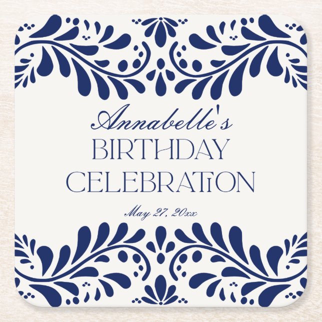 Blue Talavera Tile Spanish Fiesta Birthday Party Square Paper Coaster (Front)