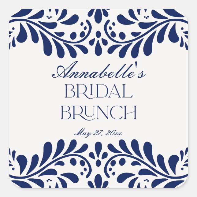 Blue Talavera Tile Spanish Fiesta Bridal Brunch Square Sticker (Front)