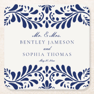 Blue Talavera Tile Spanish Style Fiesta Wedding Square Paper Coaster