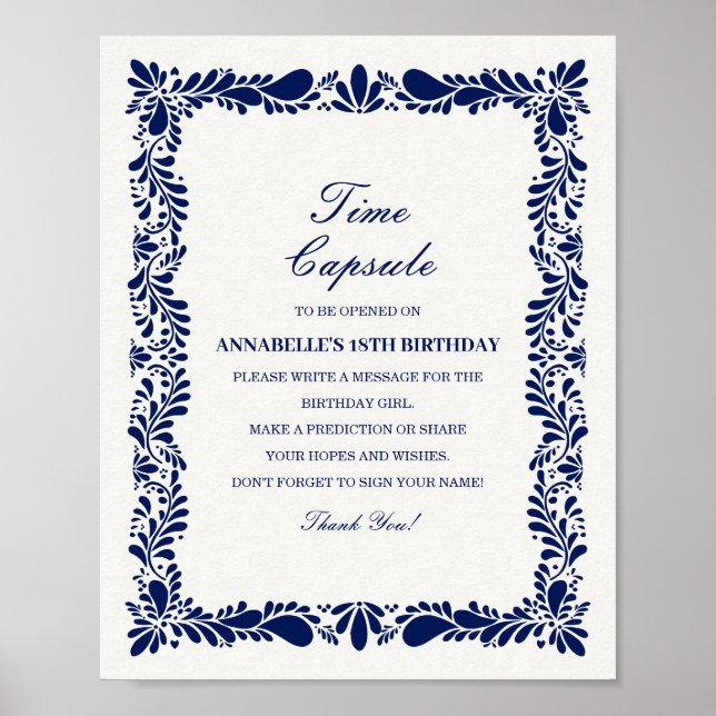 Blue Talavera Tile Time Capsule Baby Birthday Game Poster (Front)