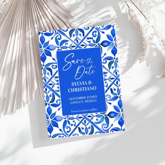 Blue Talavera tiles vintage Mexican wedding Save The Date (Blue Talavera tiles vintage Mexican wedding Save The Date invitation cards Spanish Mediterranean)