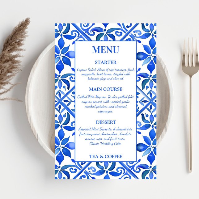 Blue Talavera Vintage Spanish tiles wedding menu (Vintage Talavera Spanish Mexican Mediterranean Blue tiles wedding menu card reception table decor)