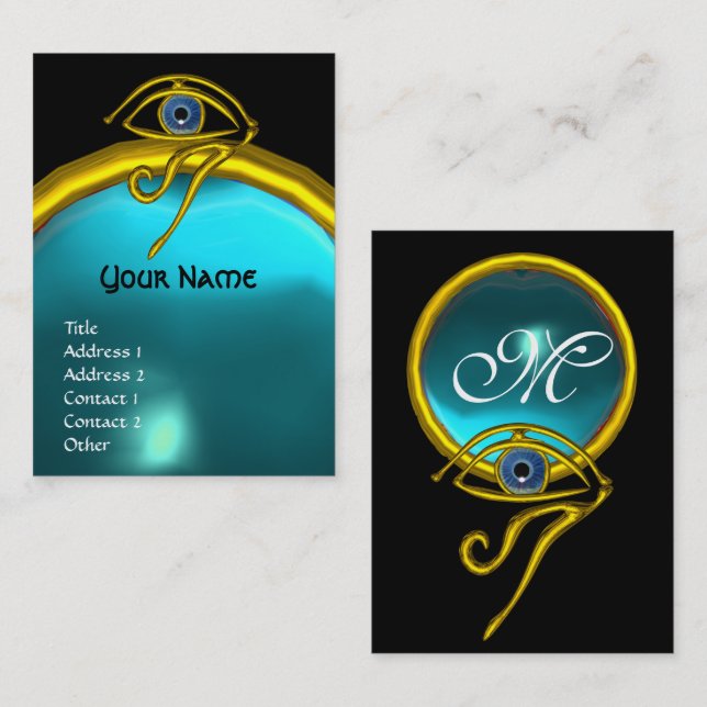 BLUE TALISMAN,GOLD HORUS EYE AQUAMARINE MONOGRAM BUSINESS CARD (Front/Back)