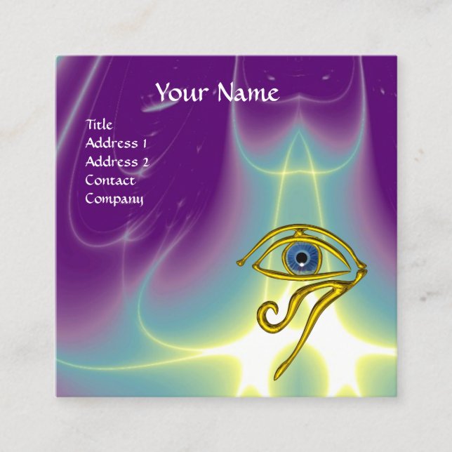 BLUE TALISMAN, GOLD HORUS EYE Purple Violet Green Square Business Card (Front)