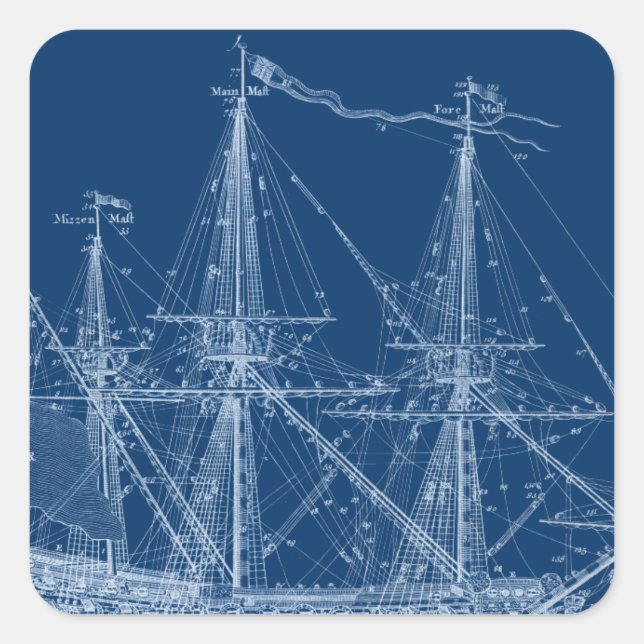 Blue Tall Sailing Ship Blueprint Square Sticker (Front)