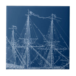 Blue Tall Sailing Ship Blueprint Tile