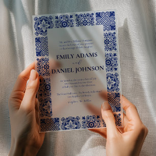 Blue Talvera Spanish Mexican Destination Wedding Acrylic Invitations