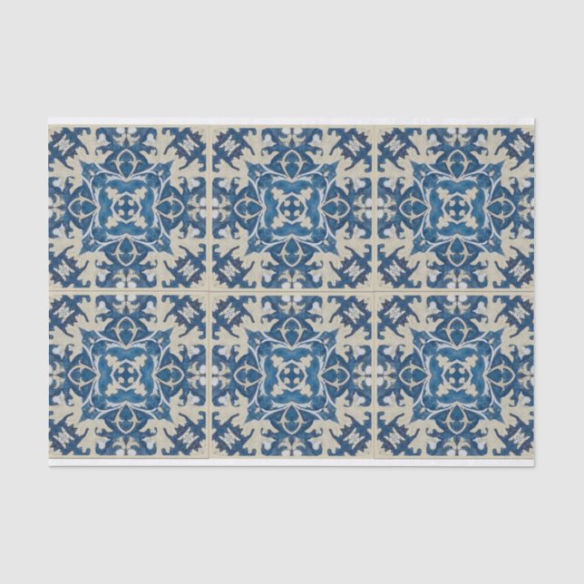 Blue tan 6 by 6 tile design decoupage tissue paper (Front)