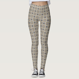 Blue, Tan, and Cream Flowers and Squares Leggings