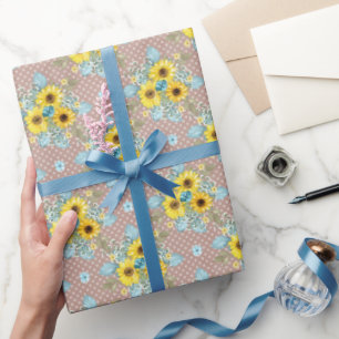 Blue, Tan and Yellow Sunflower Arrangement Wrapping Paper