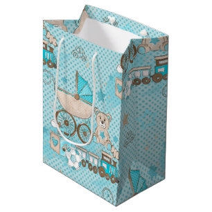 BLUE & TAN BABY BOY BEAR TRAINS BALLS BLOCKS MEDIUM GIFT BAG