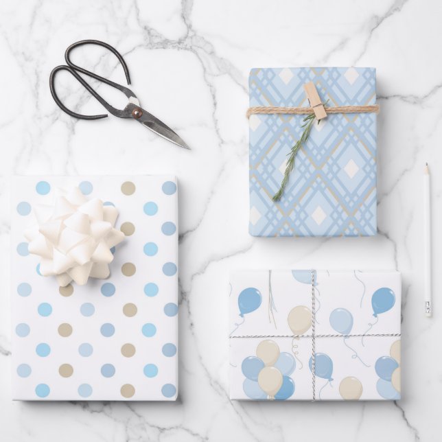 BLUE & TAN BABY BOY PATTERNS WRAPPING PAPER SHEET (Front)