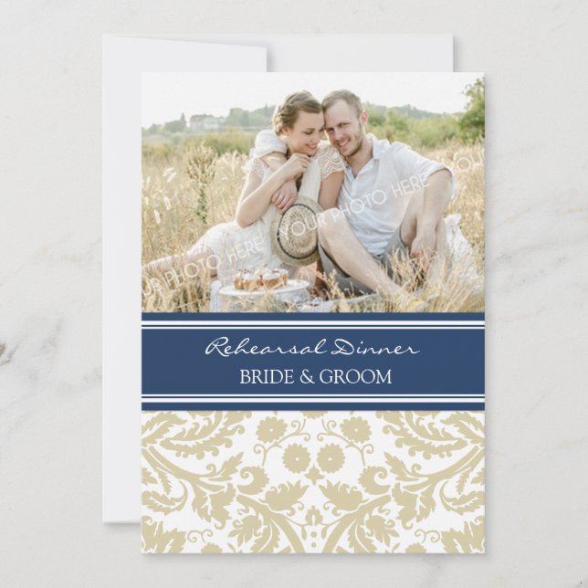 Blue Tan Damask Photo Rehearsal Dinner Party Invitation (Front)