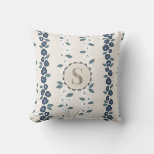 Blue Tan Floral Monogram Farmhouse Vintage Cushion