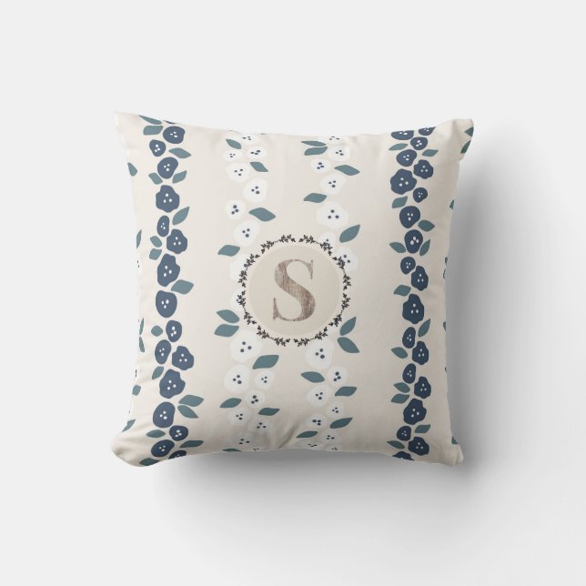 Blue Tan Floral Monogram Farmhouse Vintage Cushion (Front)