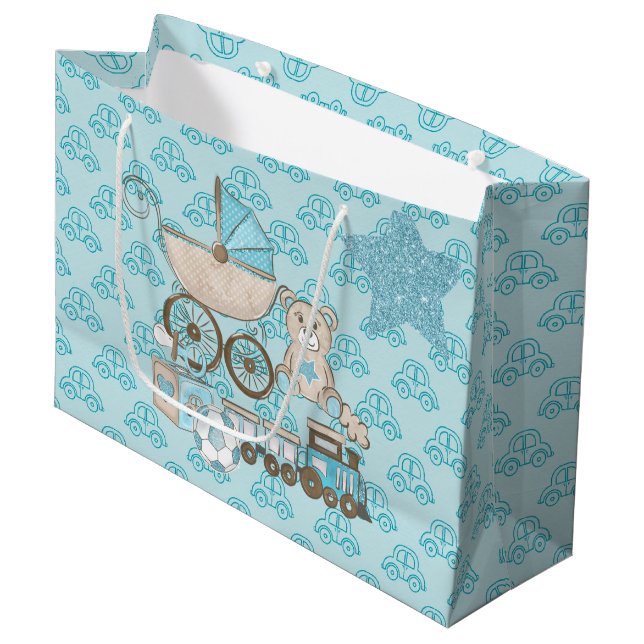 BLUE & TAN GLITTER LOOK BABY BOY TEDDY BEARS TRAIN LARGE GIFT BAG (Front Angled)