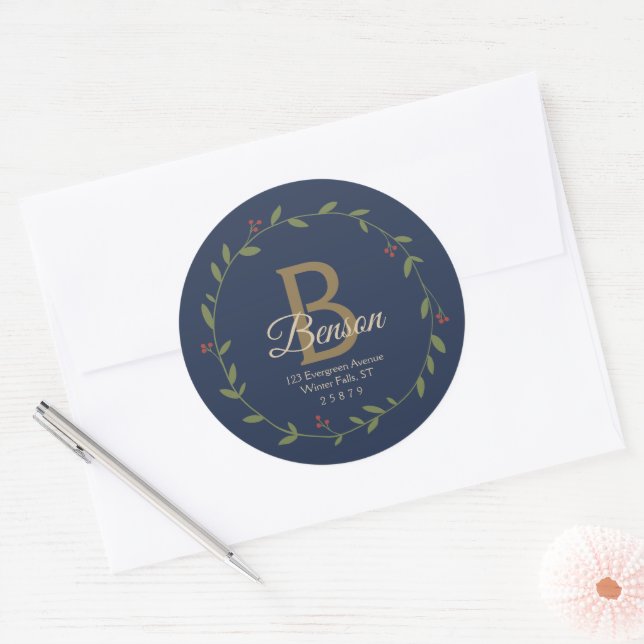 Blue Tan Monogram SVG Christmas Wreath Address Classic Round Sticker (Envelope)