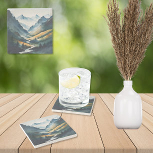 Blue Tan Mountain Scene Stone Coaster