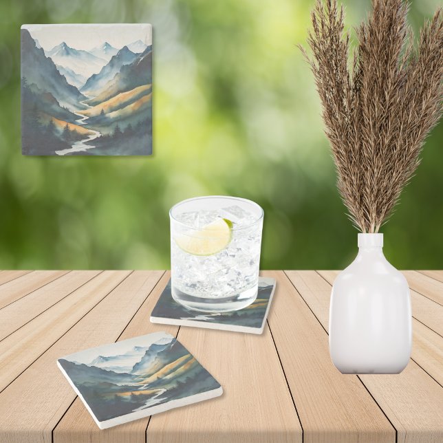 Blue Tan Mountain Scene Stone Coaster (Creator Uploaded)