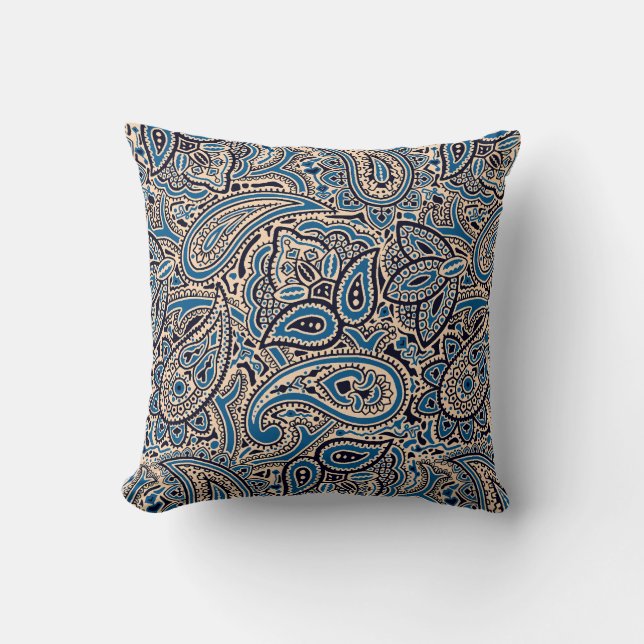 Blue & Tan Paisley Throw Pillow (Front)