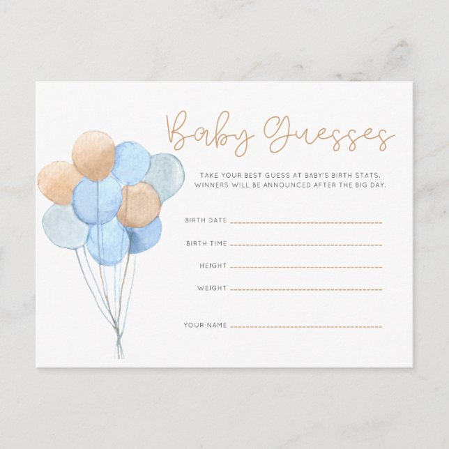 Blue Tan Teddy Bear Balloons Baby Guesses Postcard (Front)