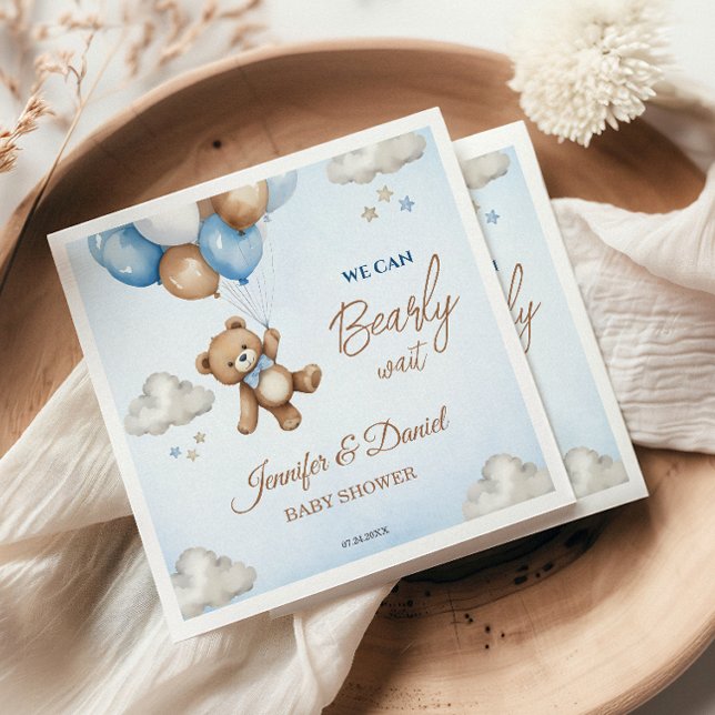Blue Tan Teddy Bear Balloons Baby Shower Napkin (Creator Uploaded)