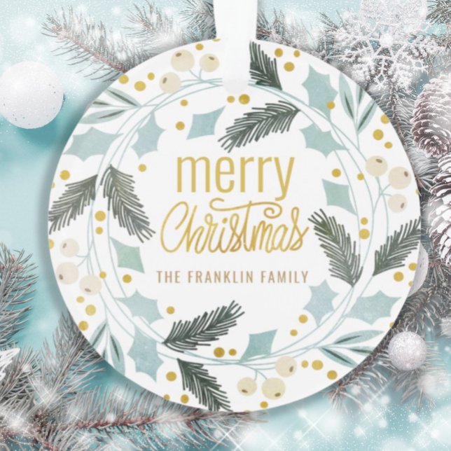 Blue Tan Winter Greenery Merry Christmas Name Ornament (Creator Uploaded)