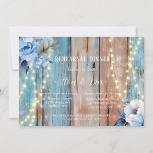 Blue Tan Wood Floral Lights Rehearsal Dinner Invitation