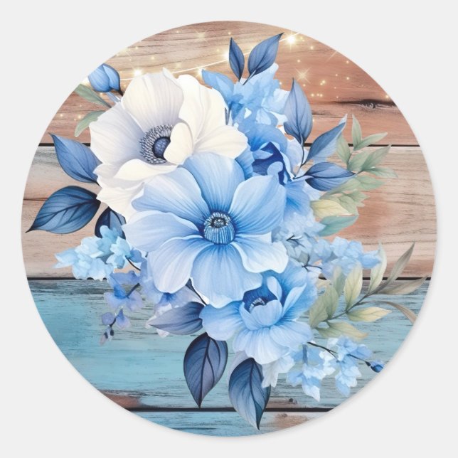 Blue Tan Wood Lights Floral Wedding Classic Round Sticker (Front)