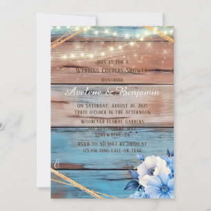 Blue Tan Wood Lights Floral Wedding Couples Shower Invitation