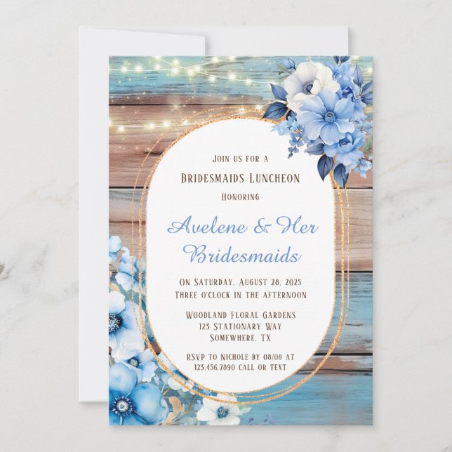 Blue Tan Wood Lights Florals Bridesmaids Luncheon Invitation (Front)