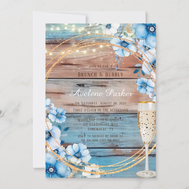 Blue Tan Wood Lights Florals Brunch & Bubbly Invitation (Front)