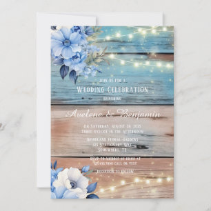 Blue Tan Wood Lights Florals Wedding Celebration  Invitation